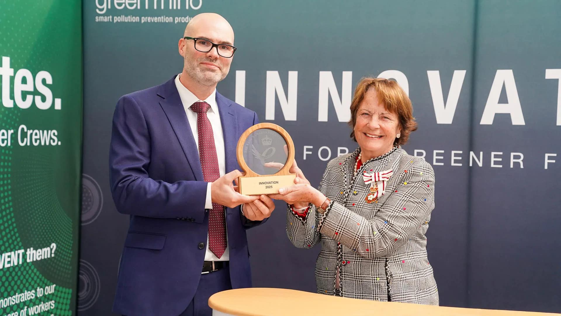 Clare, Countess of Euston, His Majesty’s Lord-Lieutenant of Suffolk, presented Ross Atkin, managing director of Green Rhino with the commemorative crystal trophy for the King's Award for Enterprise in Innovation.